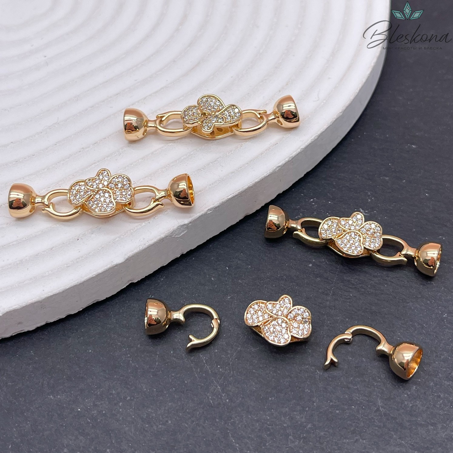 35*11 мм Цвет серебро, Замок Сердца цирконы с концевиками