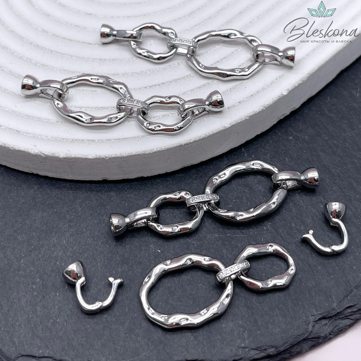 50*16,5 мм Цвет серебро, Замок Двойной овал цирконы с концевиками