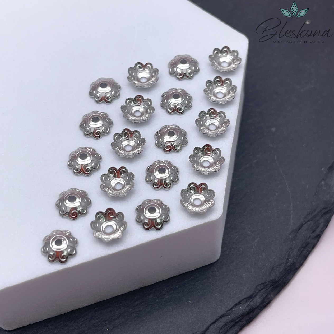 6,6 мм Цвет серебро, Шапочка цветочек узор