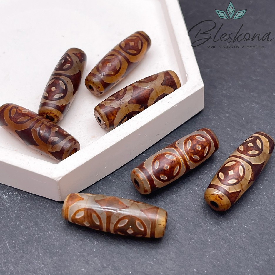 Бусина Дзи 4 монеты серо-коричневый бочонок 30*11 мм