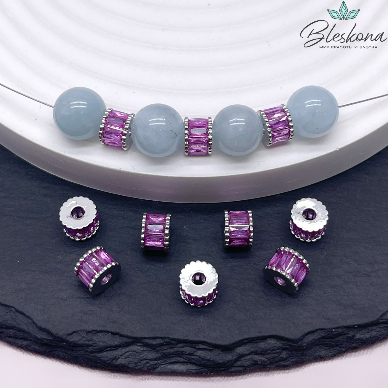 7*5 мм Цвет серебро, Бусина - разделитель малиновый циркон