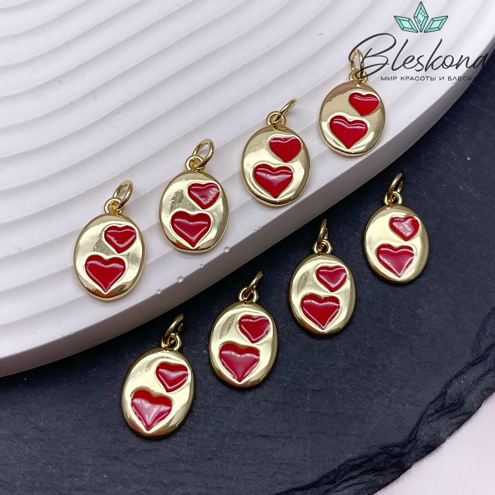 15,4*10,5 мм, Цвет золото, Подвеска овал сердца красная эмаль