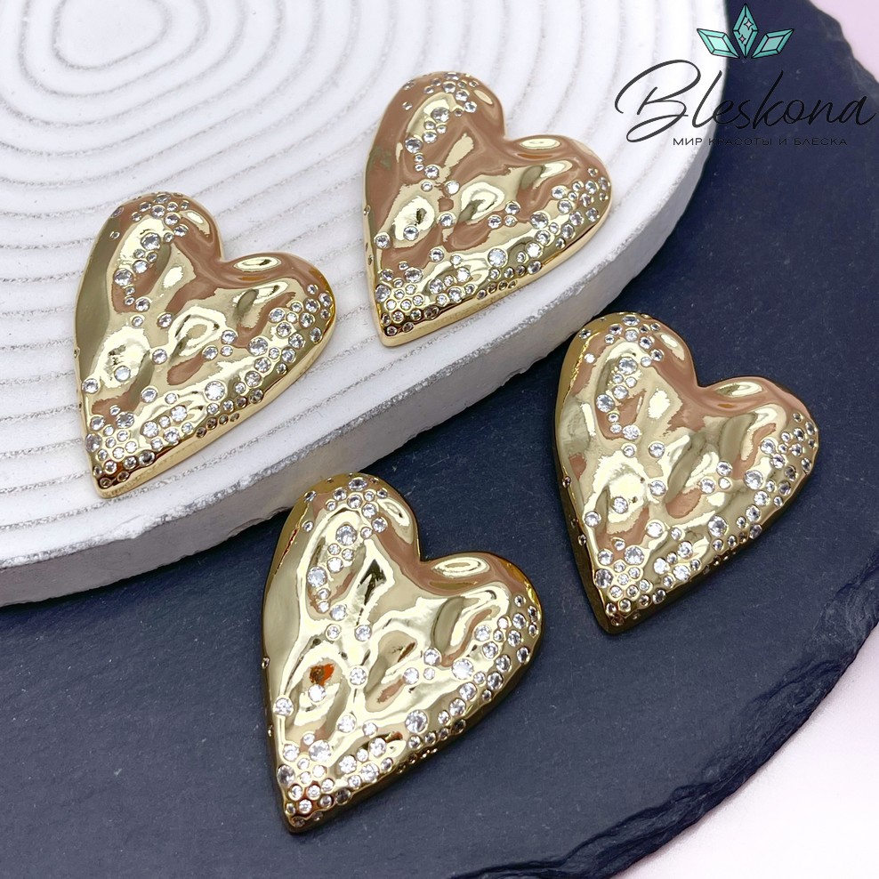 42,5*34 мм Цвет золото, Подвеска Сердце мятое с цирконами
