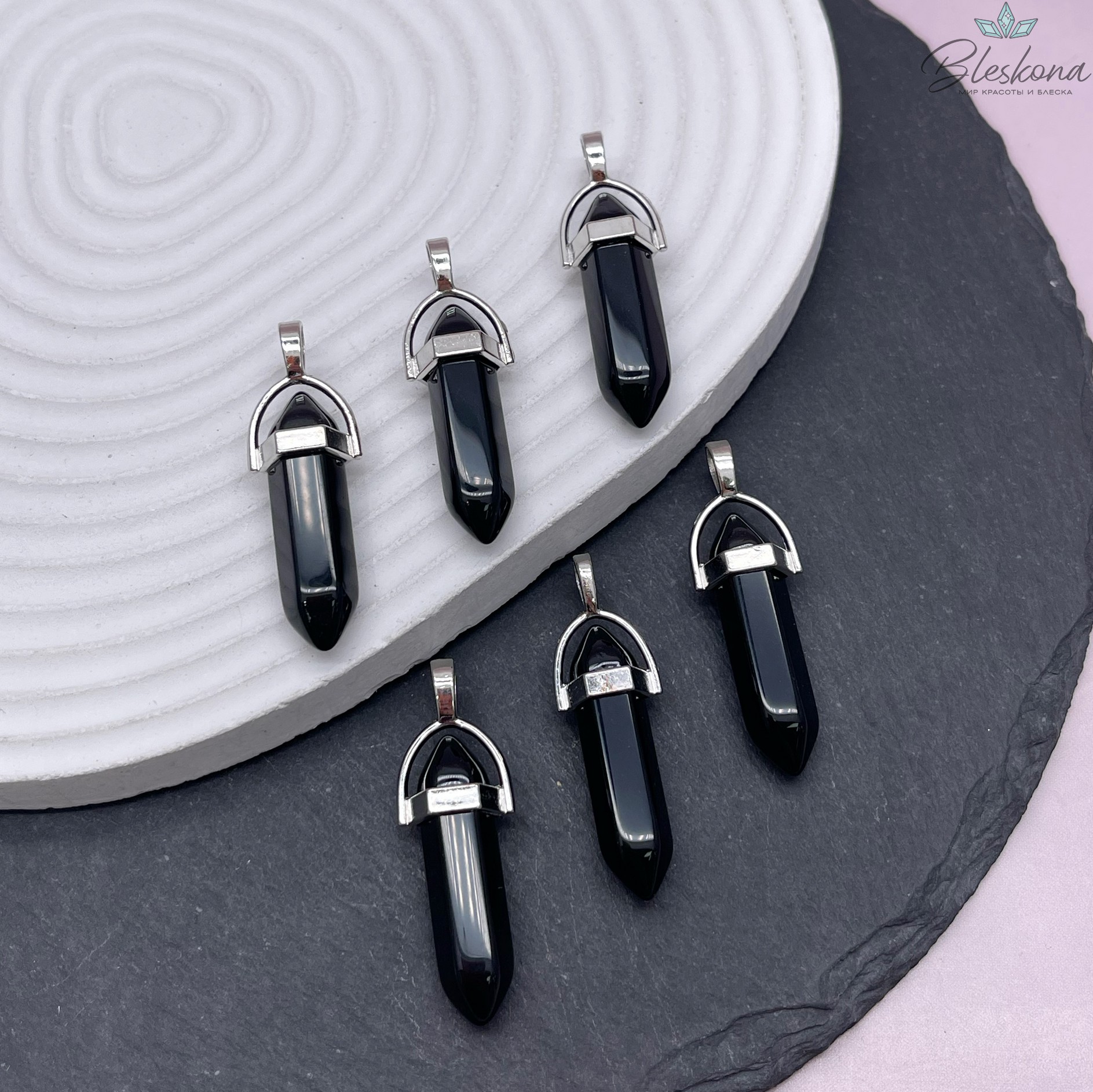 42*9 мм Цвет серебро, Подвеска маятник Агат черный