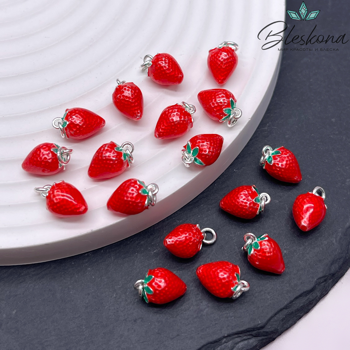 11*7 мм, цвет серебро, Подвеска клубничка эмаль 
