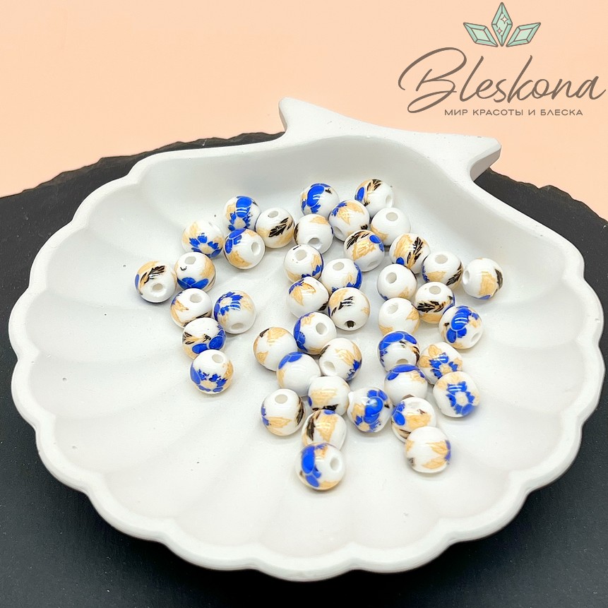 8 мм Керамика Бусина роспись гжель №22 (штучно)
