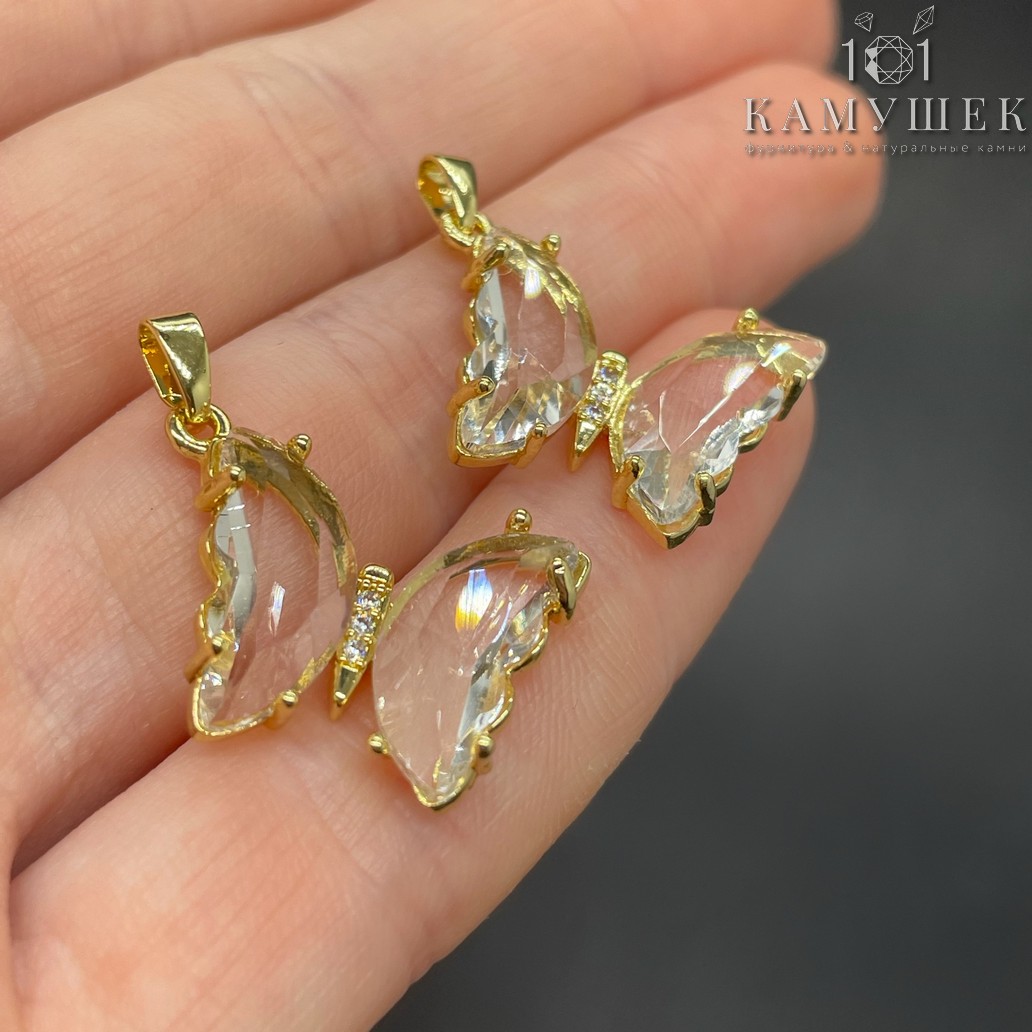 16*22мм, Цвет золото, Подвеска Бабочка белое стекло 