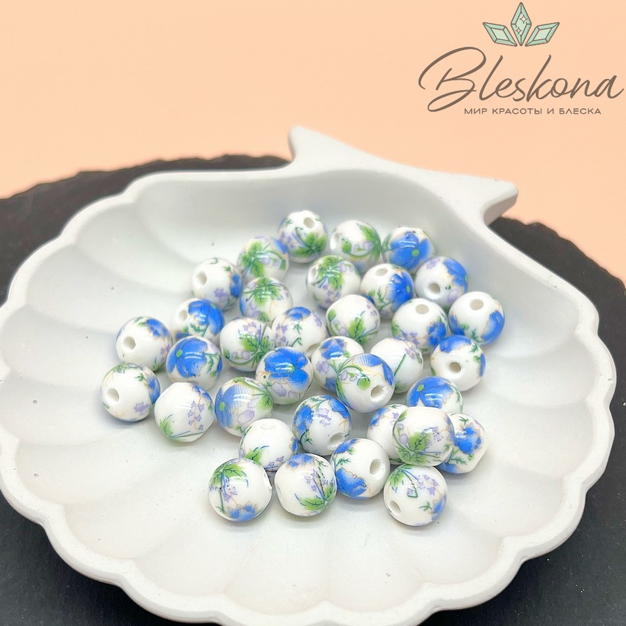 10 мм Керамика Бусина роспись гжель №9 (штучно)