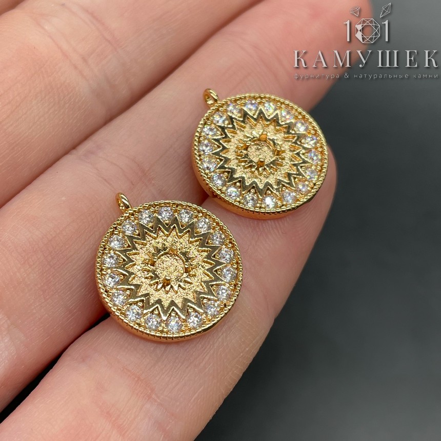 15,5мм, Цвет золото, Подвеска круг цветок цирконы 