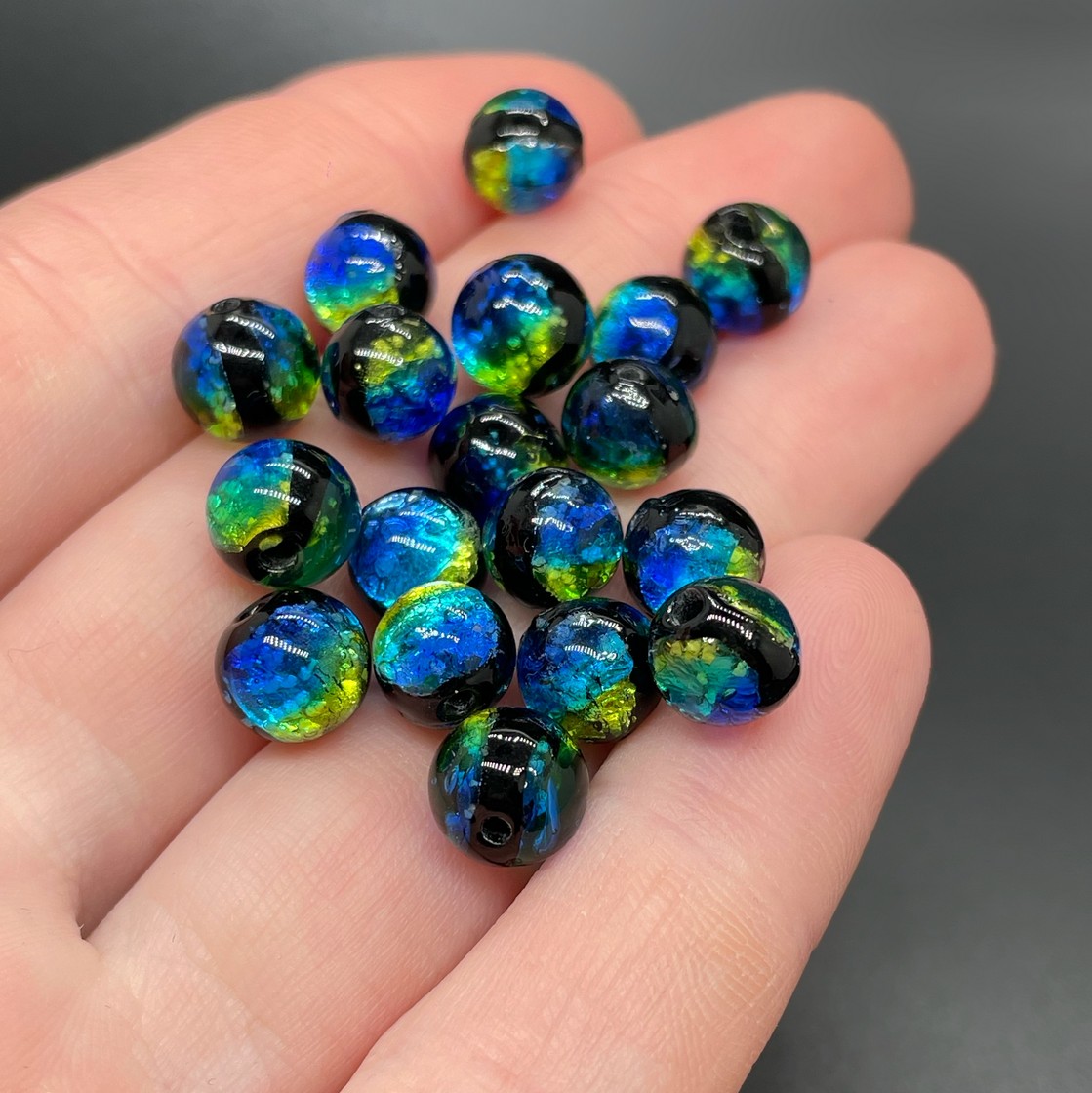 8 мм, Стекло бусина шар сине-зеленое с черным обрамлением 