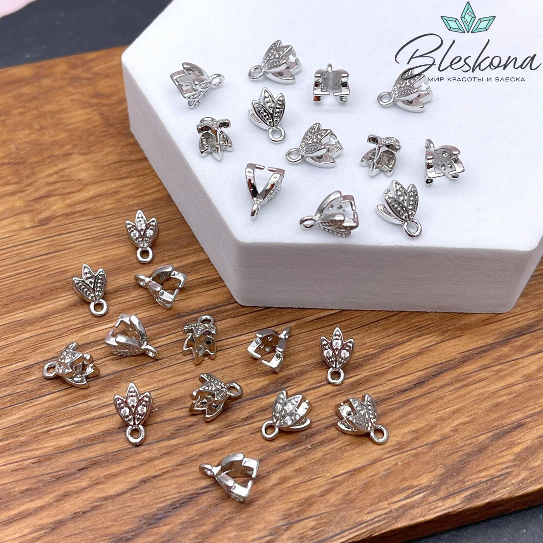 9,5*5,7 мм Цвет серебро, Бейл Зажимной 3 листа цирконы