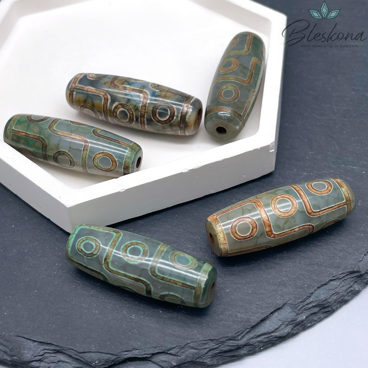 Бусина Дзи 9 глаз зеленый бочонок 40*14 мм