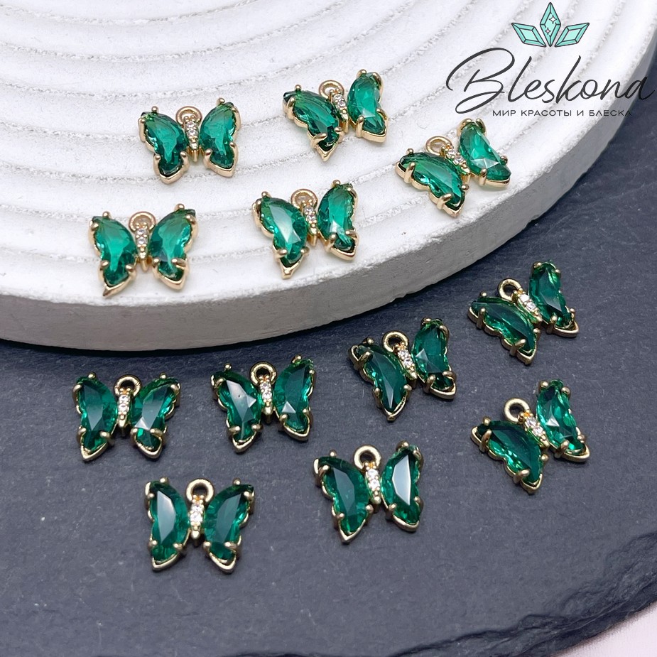 9,5*11 мм, Цвет золото, Подвеска бабочка стекло зеленое 