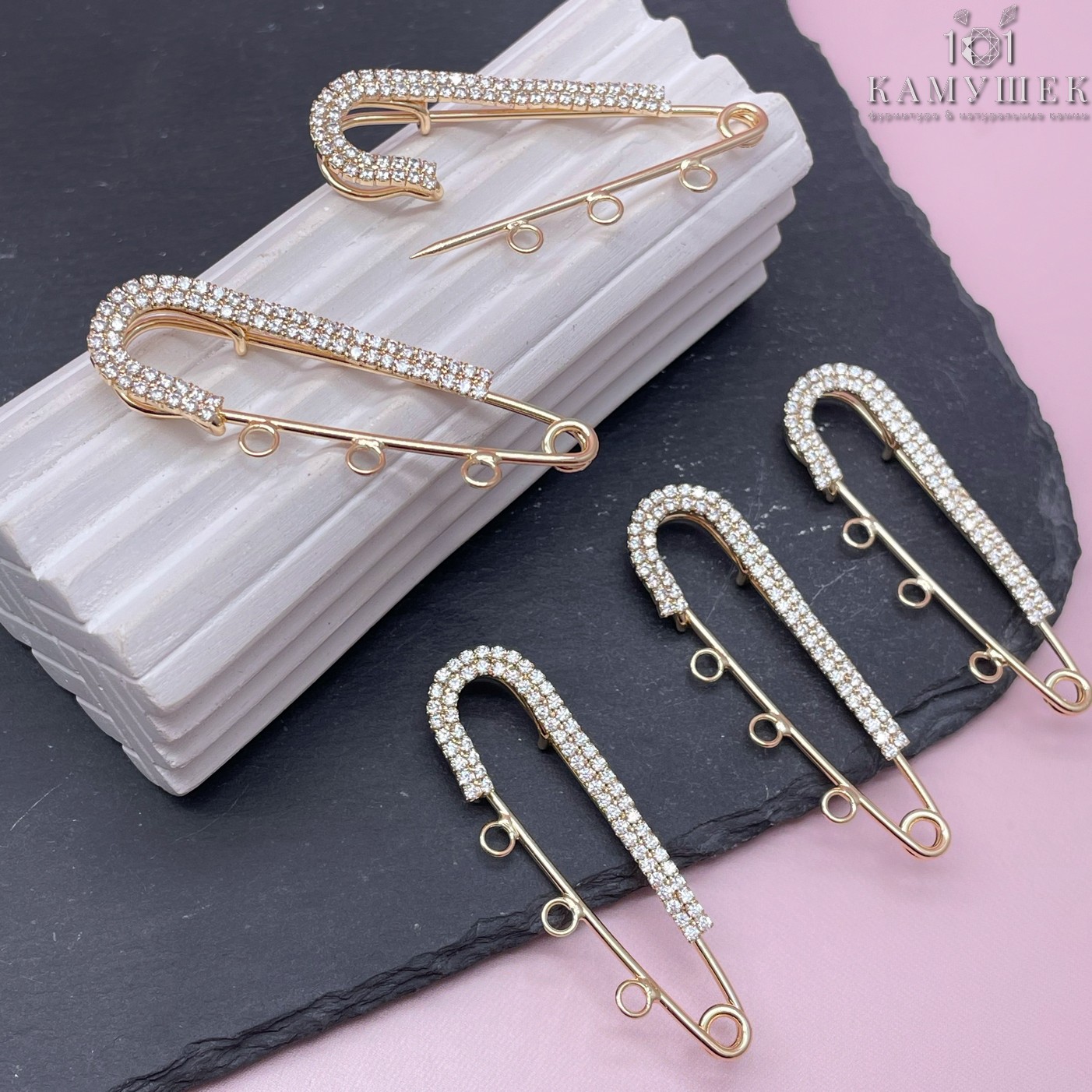 5 см, Цвет золото, Основа булавка 3 кольца цирконы УЦЕНКА