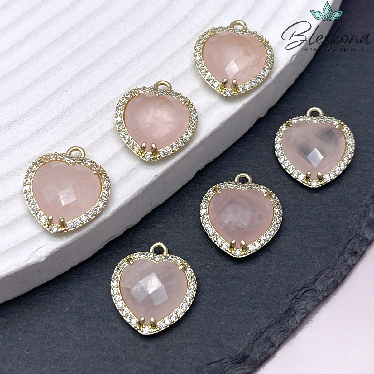 16*18мм ,цвет золото, Подвеска Сердце в обрамлении розовый кварц огранка цирконы
