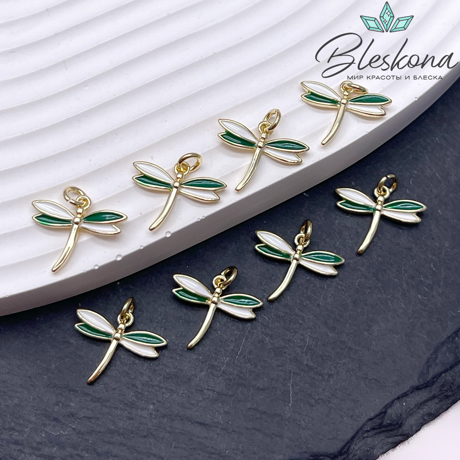 17*19 мм Цвет золото, Подвеска Стрекоза бело- зеленая эмаль