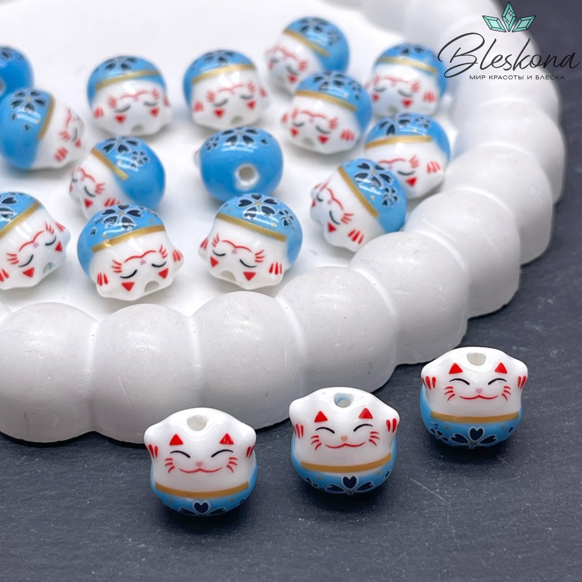 13,5*13 мм Керамика бусина Котик голубой