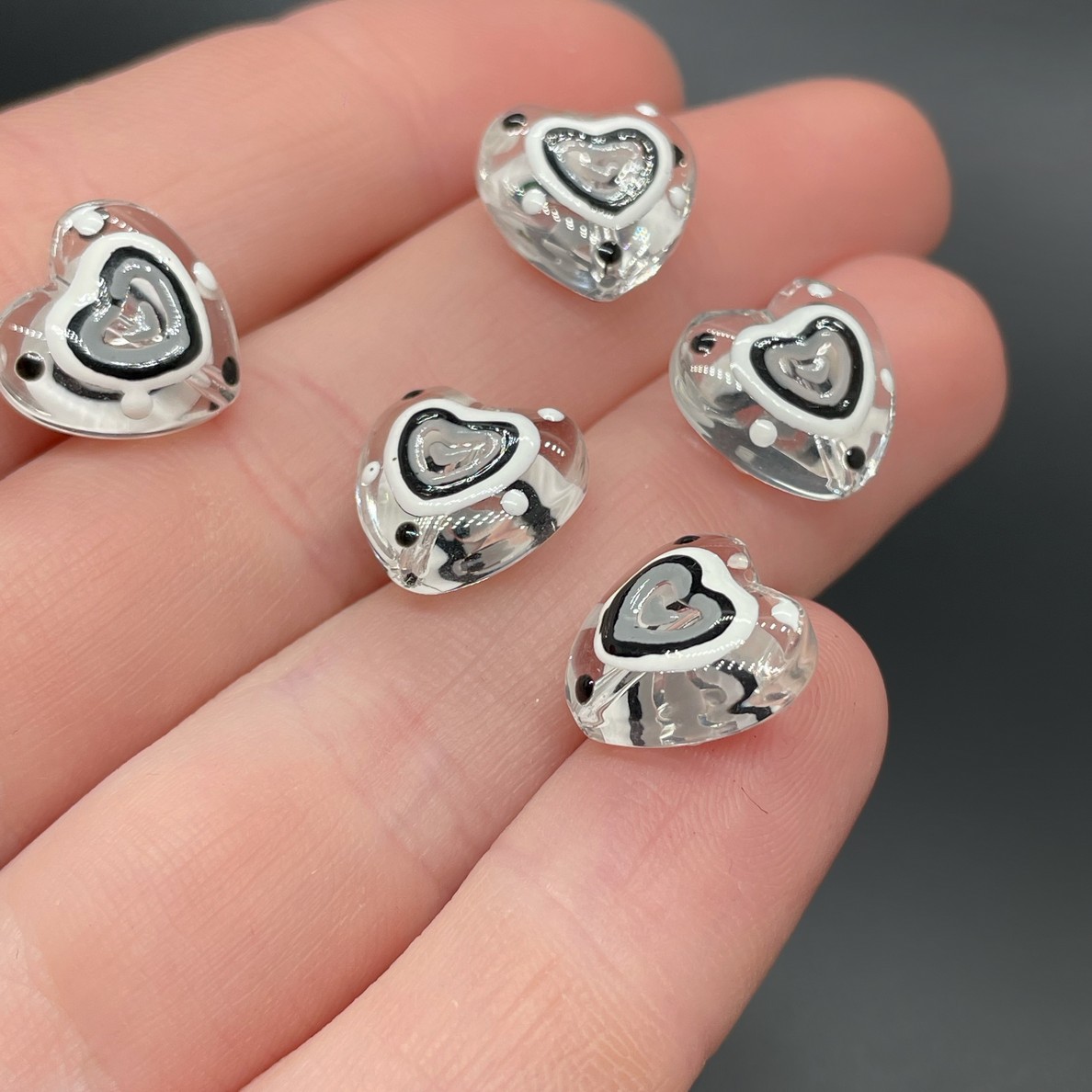 12 мм, Стекло бусина сердце черно-белое уп.5 шт