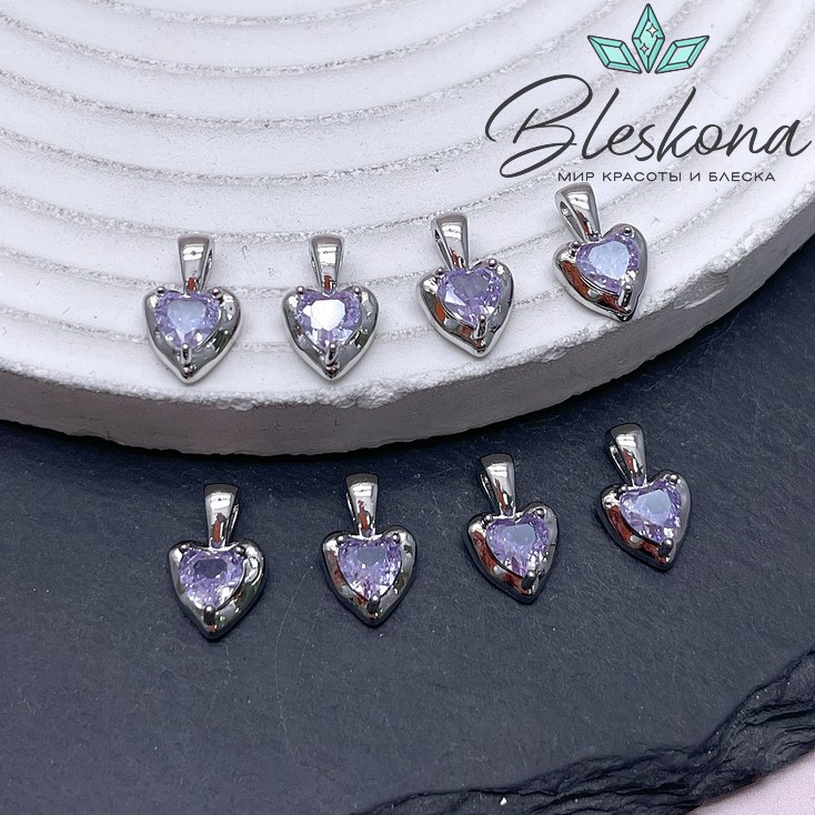12*8 мм Цвет серебро, Подвеска Сердце фиолетовый циркон