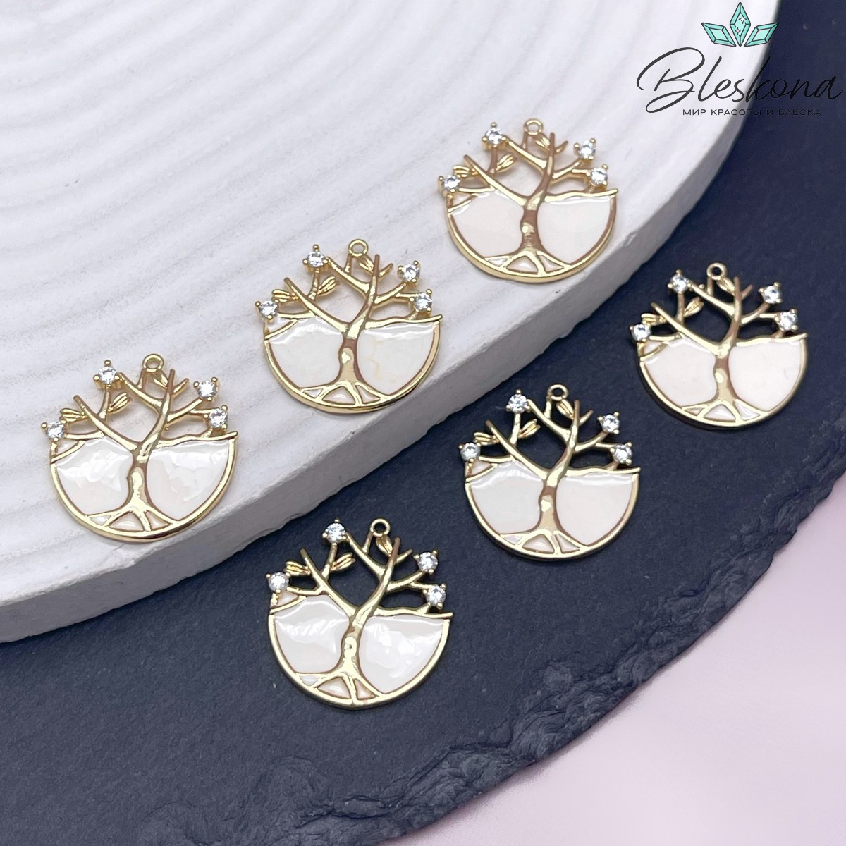 20мм,Цвет золото,Подвеска Дерево с цирконами белая эмаль 