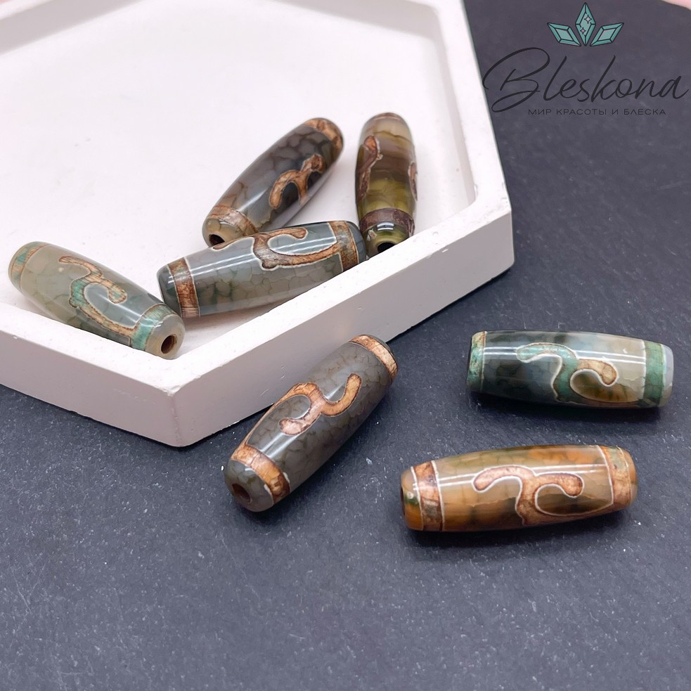 Бусина Дзи Зеленая тара зелено-коричневый бочонок 30*11 мм