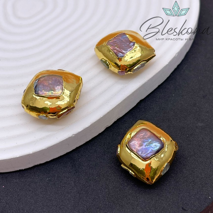 27*23 мм Цвет золото, Бусина  Жемчуг ромб инкрустированный натуральными камнями