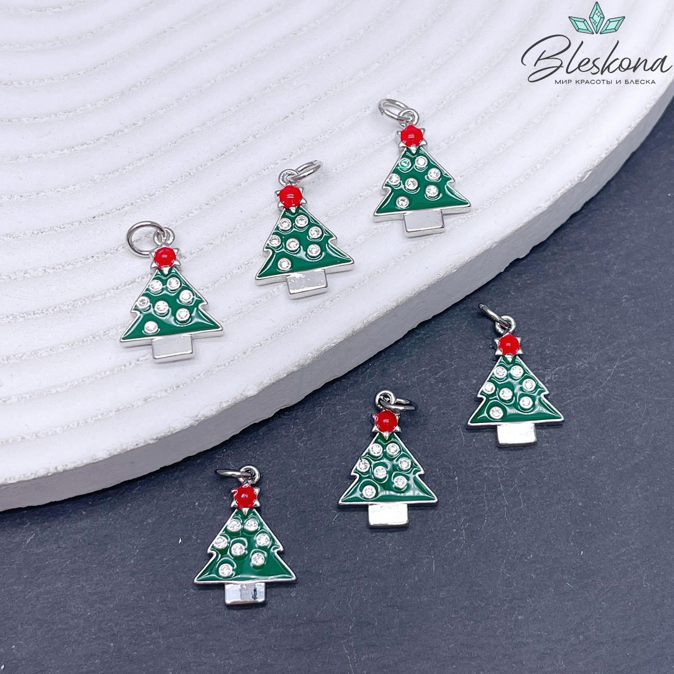 16,5*12 мм Цвет серебро, Подвеска Елка зеленая эмаль