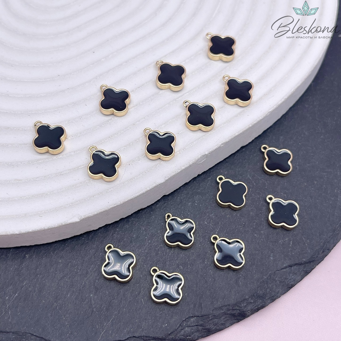 10*12 мм Цвет золото, Подвеска Клевер черная эмаль