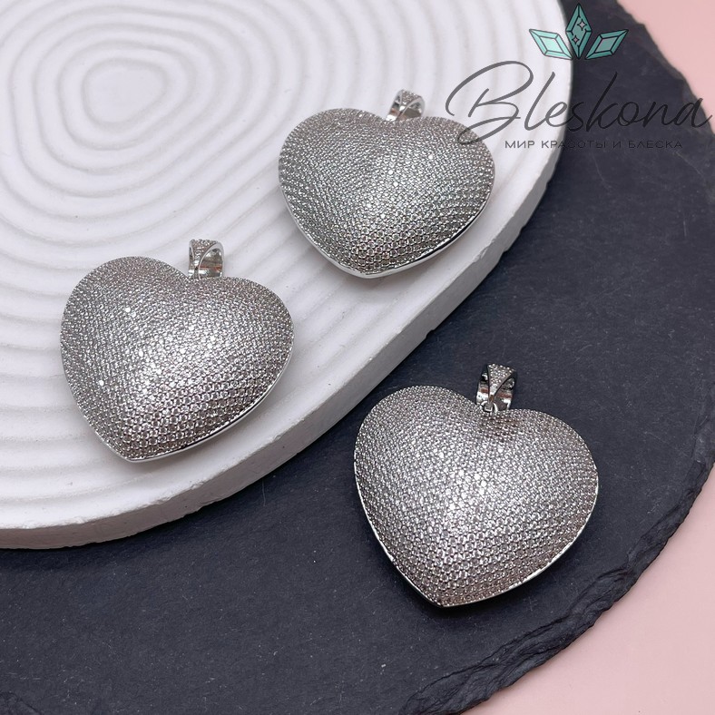 34*40 мм Цвет серебро, Подвеска  Сердце цирконы