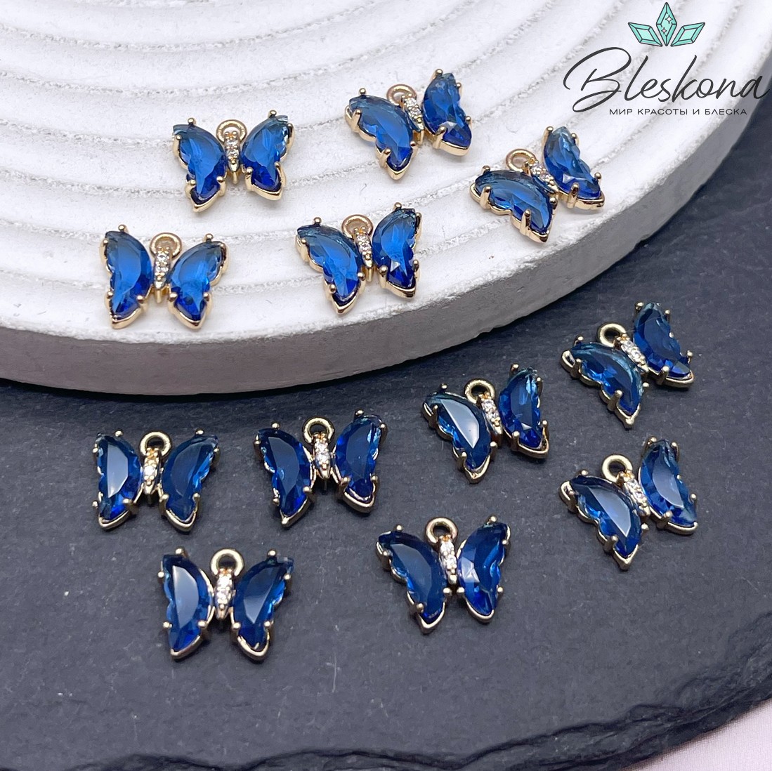 9,5*11 мм, Цвет золото, Подвеска бабочка стекло синее 