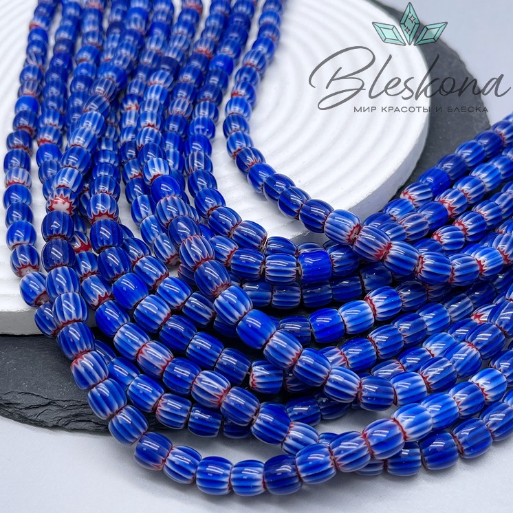 Муранское стекло бочата красно- синие, полосы 7*8 мм