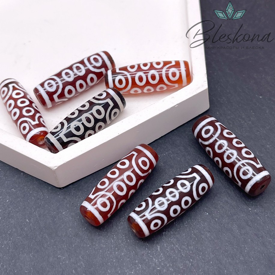 Бусина Дзи 21 глаз бело-коричневый бочонок 30*11 мм