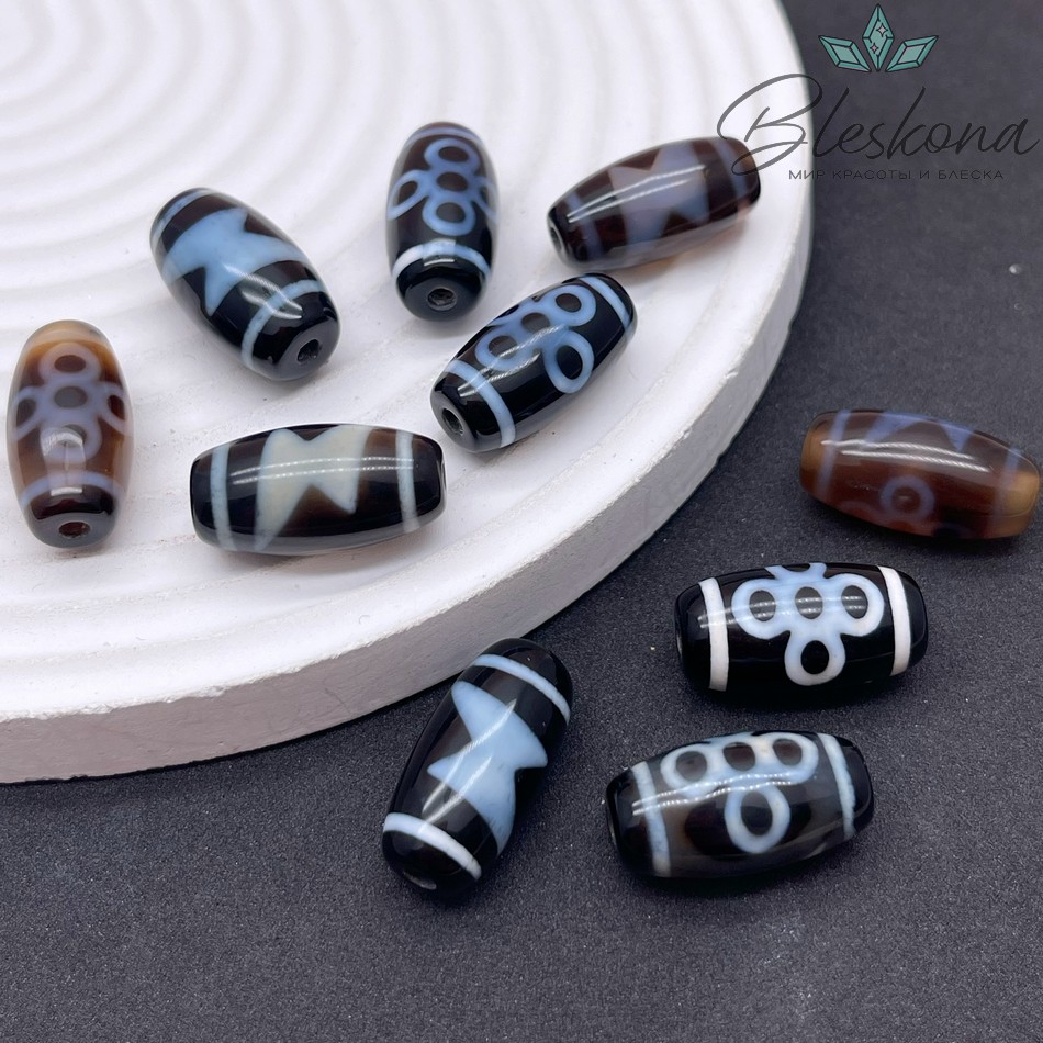 Бусина Дзи Молния и мистический узел бело-черный бочонок 20*11 мм