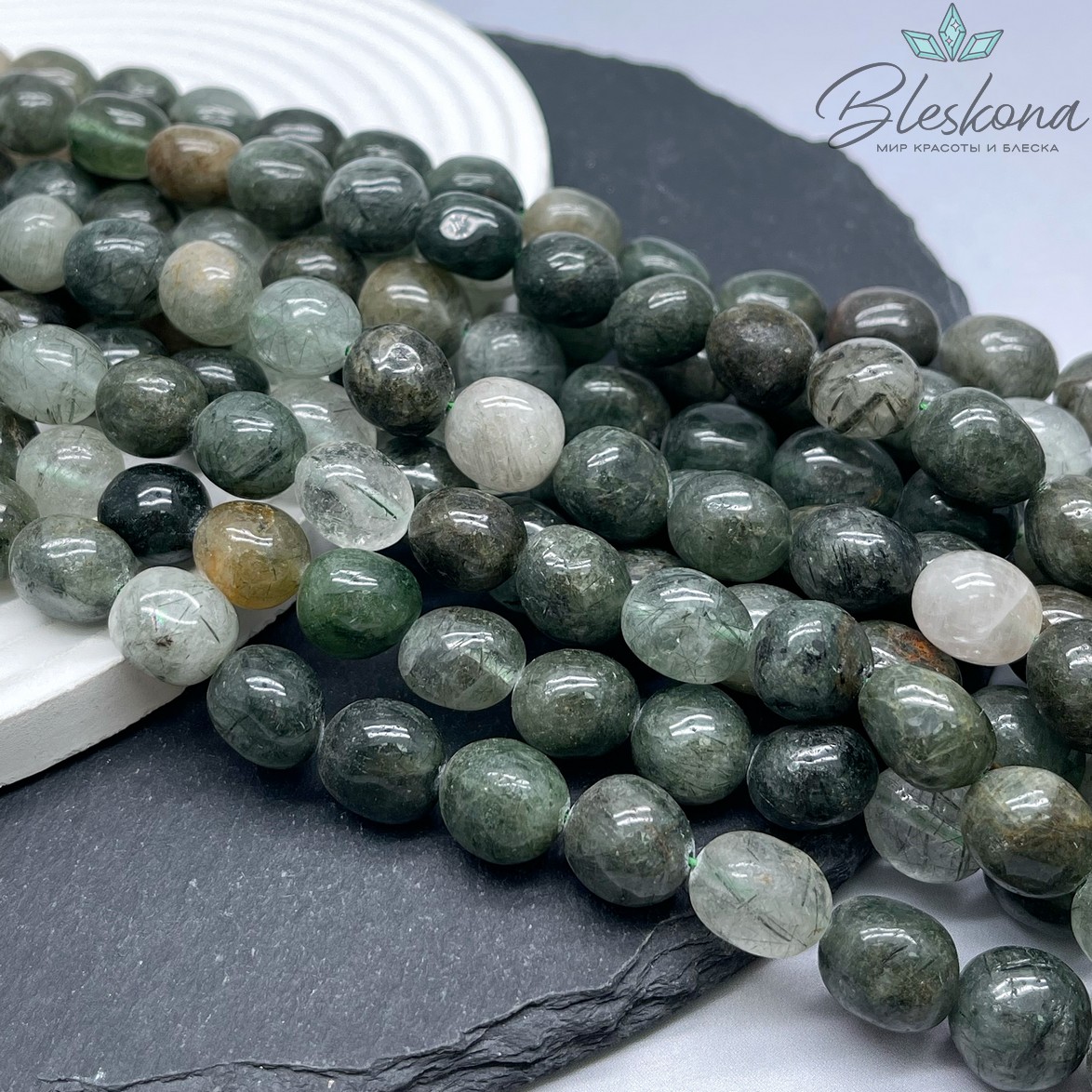 Кварц Рутиловый зеленый галтовка №6 11-12 мм