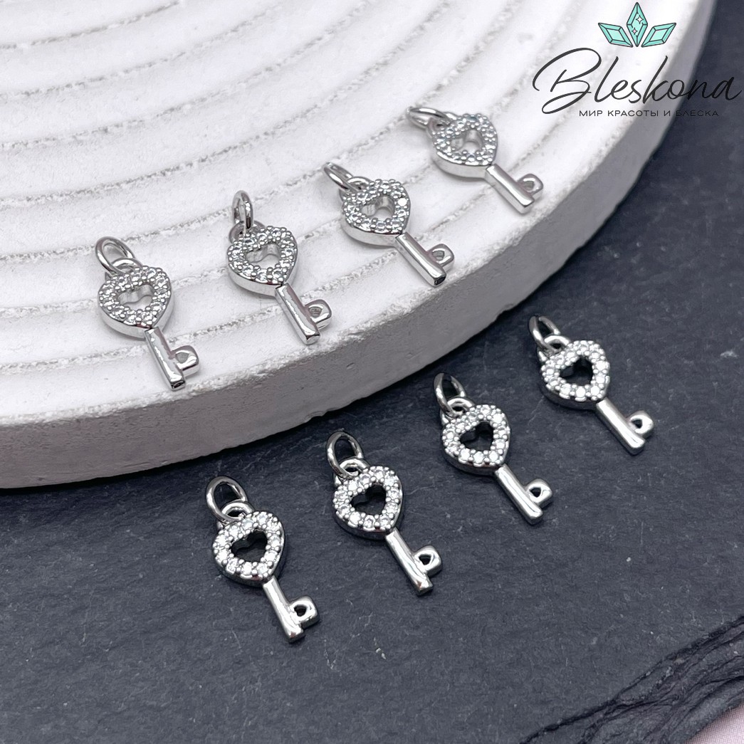 12*6 мм Цвет серебро, Подвеска Ключ сердце с цирконами мини