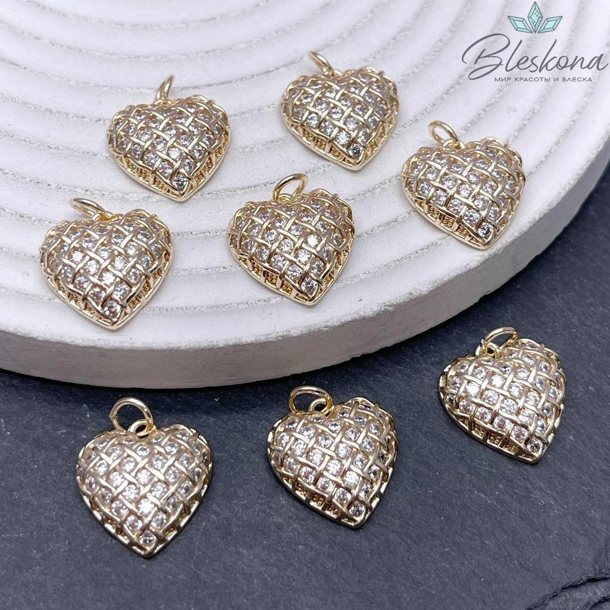 15,5*15 мм Цвет золото, Подвеска сердце сетка с цирконами