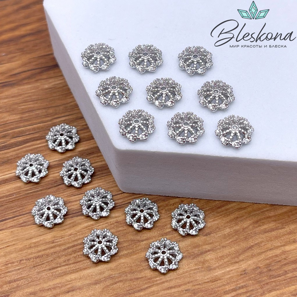 8*2,5 мм Цвет серебро, Шапочка цветок с цирконами