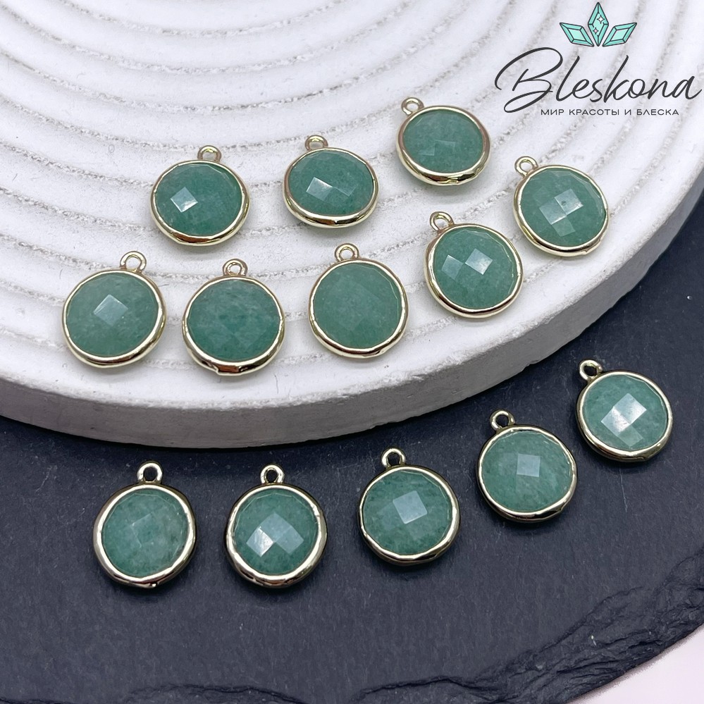 10,5мм, цвет золото ,Подвеска круг мини Кварц тонированный зеленый  огранка
