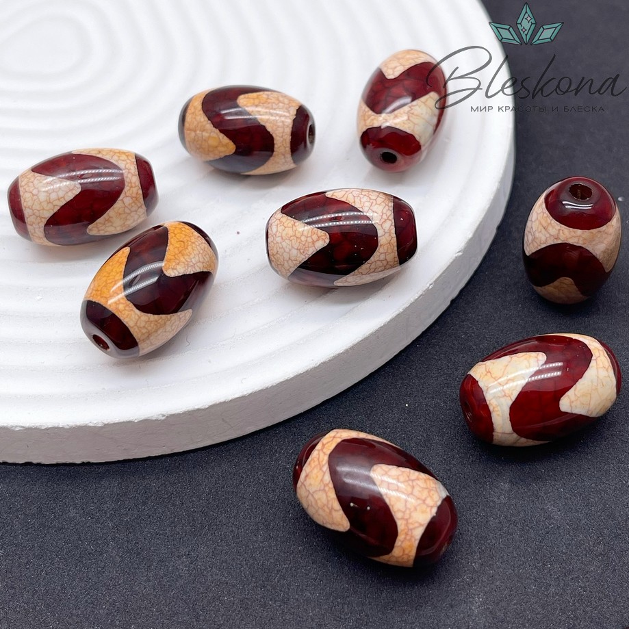 Бусина Дзи тигриный клык бордовый бочонок 22*14 мм