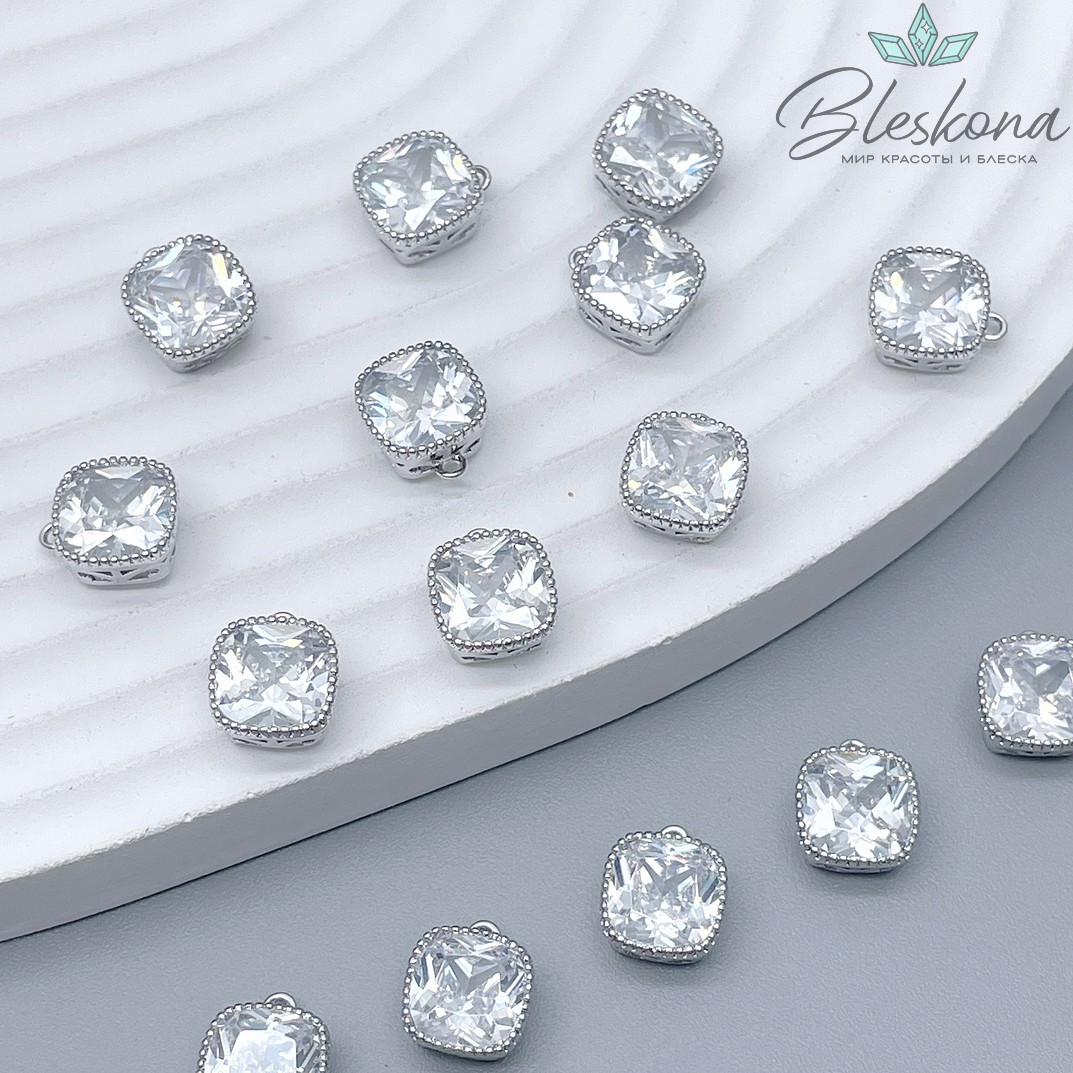 9,5*8 мм Цвет серебро, Подвеска квадрат белый циркон 