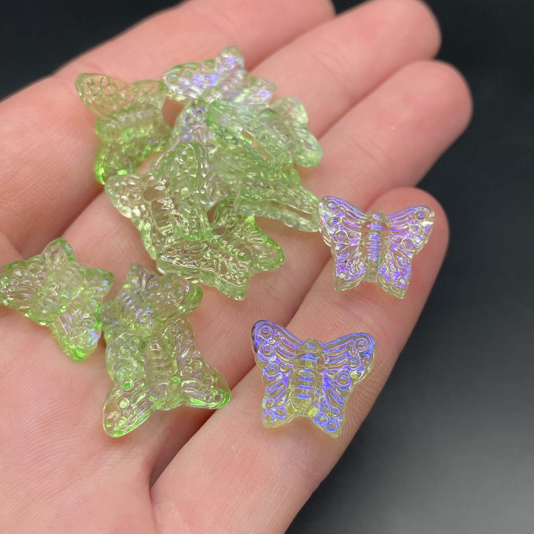 12*15 мм, Бусина Бабочка зеленая с синим переливом