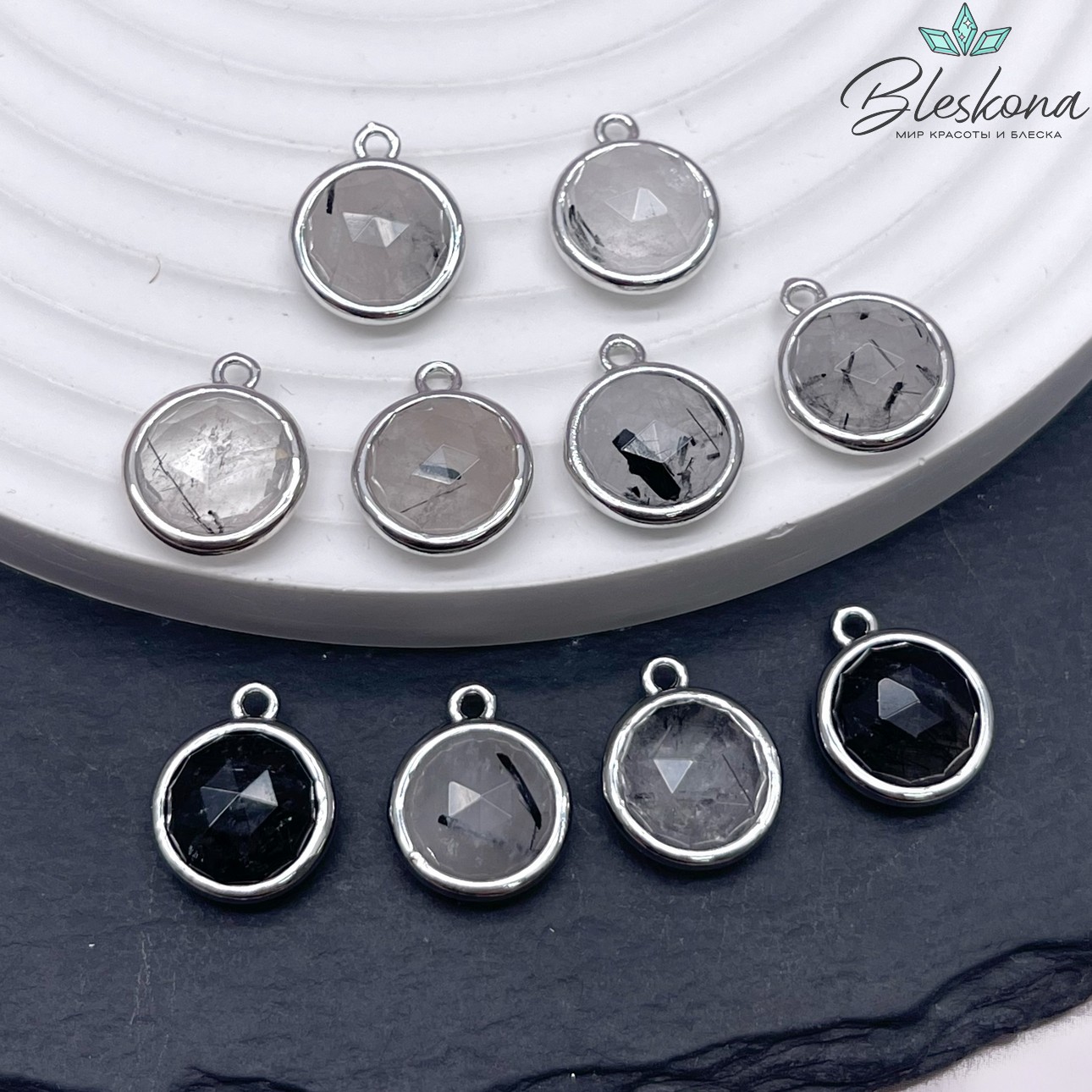 11,5мм, цвет серебро ,Подвеска круг мини Турмалиновый кварц огранка