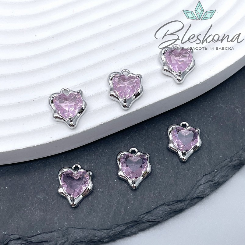 13*10,5 мм Цвет серебро, Подвеска сердце неровное розовый циркон
