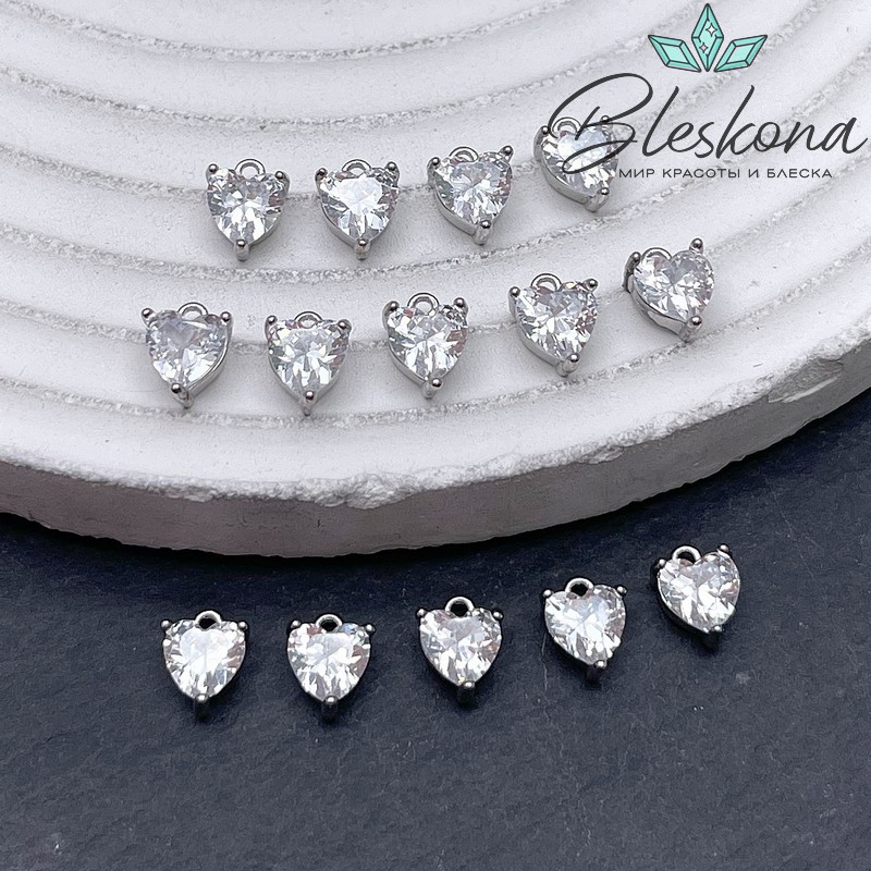 7*5,5 мм Цвет серебро, Подвеска сердце мини белый циркон