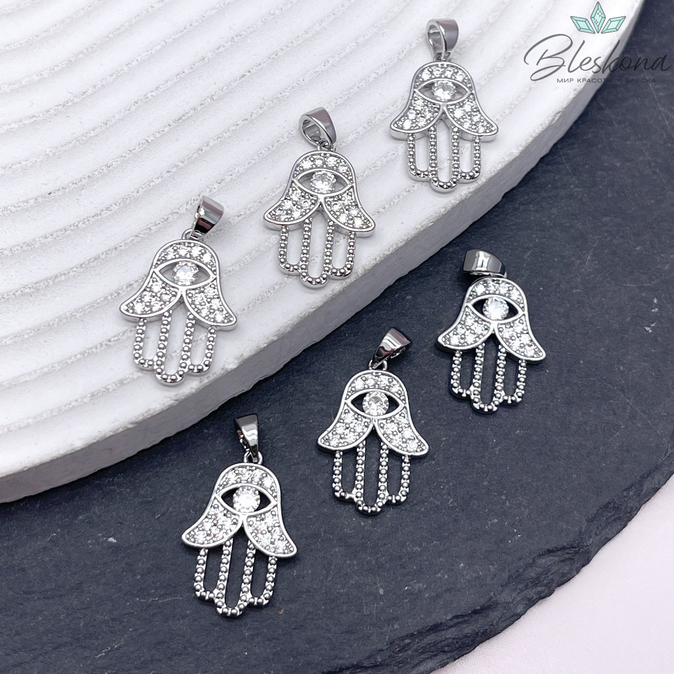 18,6*13 мм Цвет серебро, Подвеска Рука Фатимы цирконы