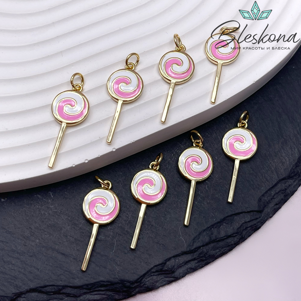 25*10 мм Цвет золото, Подвеска леденец розово-белая эмаль