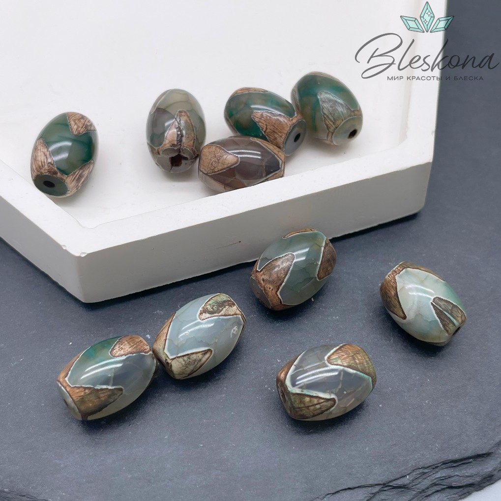 Бусина Дзи Тигриный клык зелено-коричневый бочонок 10*14 мм