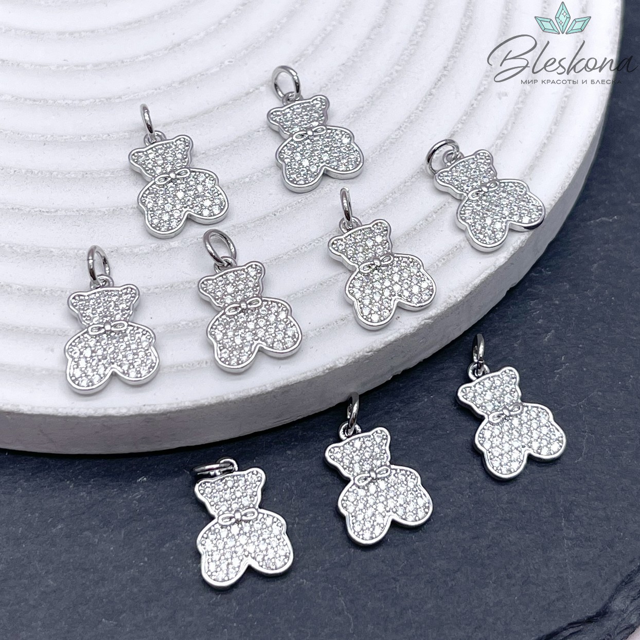 14*10 мм Цвет серебро, Подвеска Мишка с бантиком цирконы