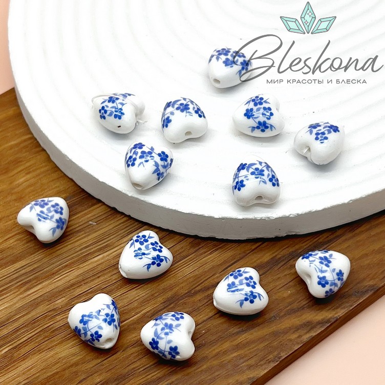 12 мм Керамика Бусина сердце роспись гжель №2 (штучно)