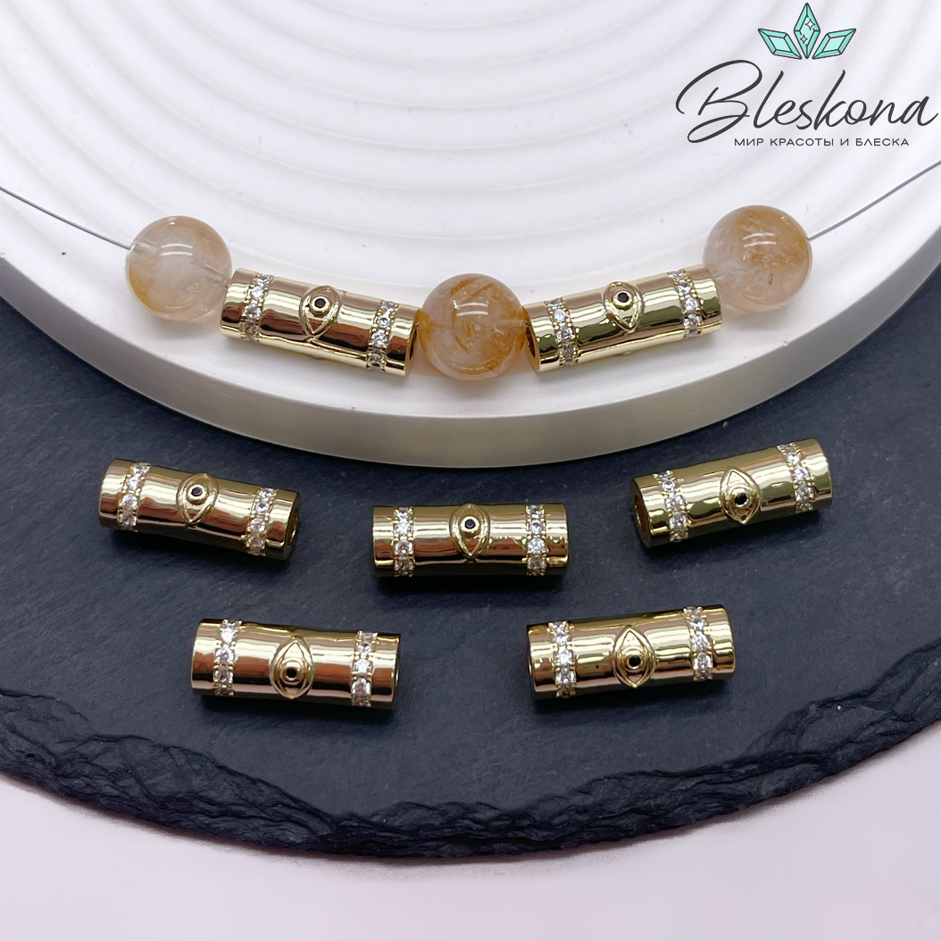 18*7 мм Цвет золото, Бусина цилиндр глаза цирконы 